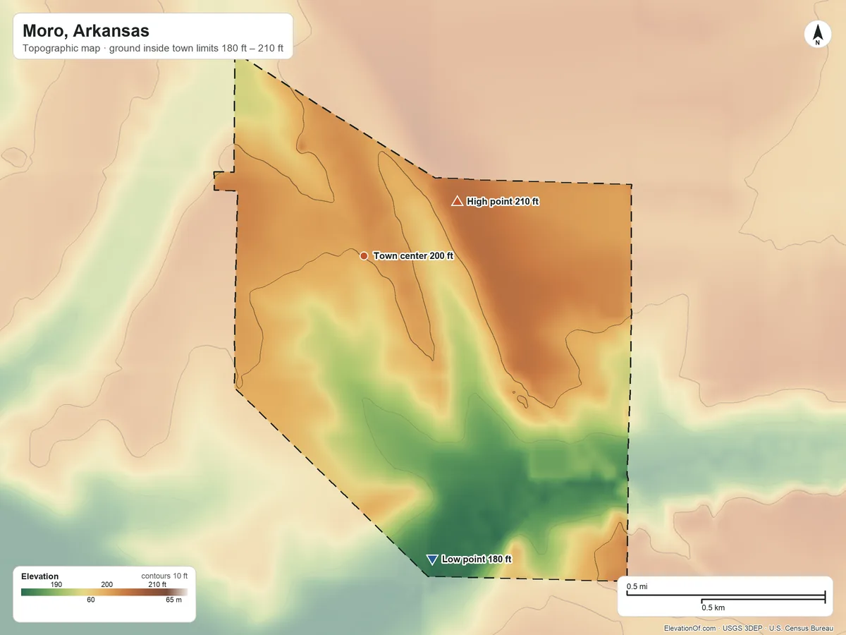 Topographic elevation map of Moro, Arkansas, shaded from 180 ft on the south side to 210 ft on the northeast side