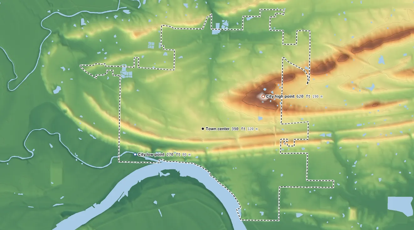 Topographic elevation map of Morrilton, Arkansas, shaded from 270 ft on the west side to 620 ft on Burrow Mountain