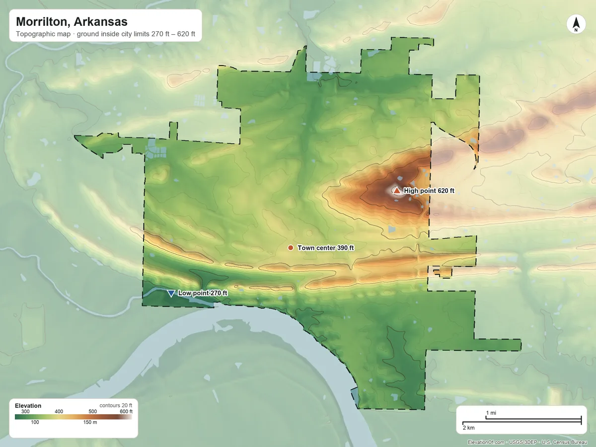Topographic elevation map of Morrilton, Arkansas, shaded from 270 ft on the west side to 620 ft on Burrow Mountain