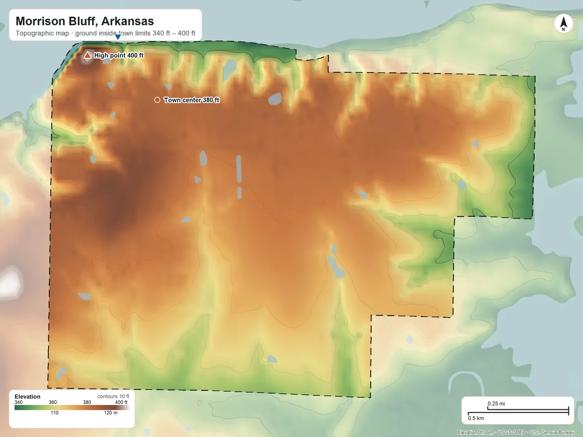 Topographic elevation map of Morrison Bluff, Arkansas, shaded from 340 ft on the northwest side to 400 ft on the northwest side