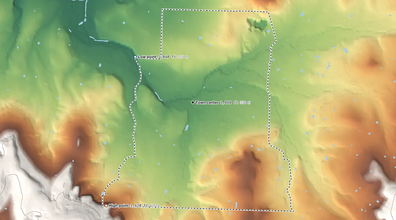 Topographic elevation map of Morrow, Arkansas, shaded from 1,040 ft on the northwest side to 1,420 ft on the southwest edge, below higher ground just outside