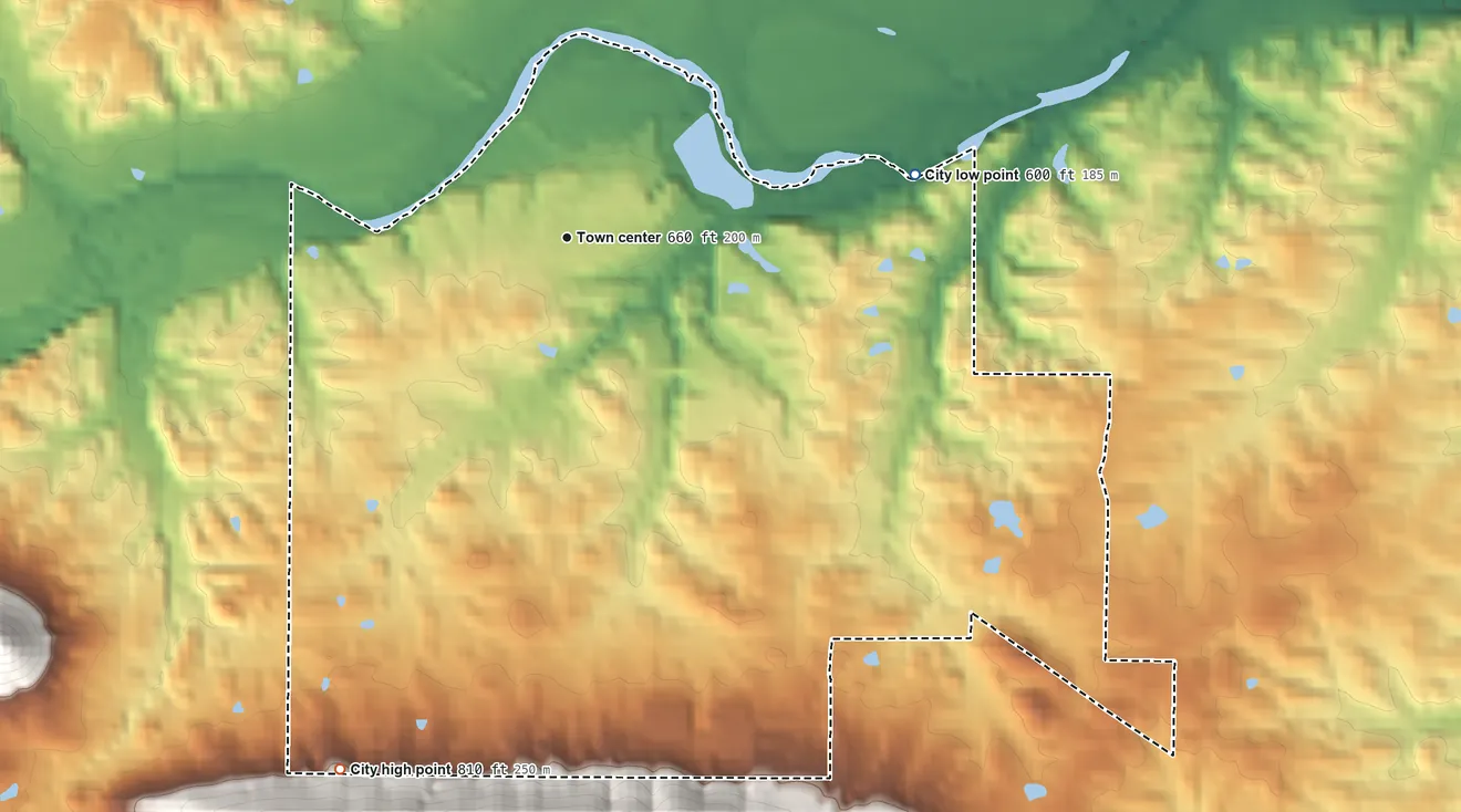 Topographic elevation map of Mount Ida, Arkansas, shaded from 600 ft on the east side to 810 ft at the foot of the Caddo Mountains