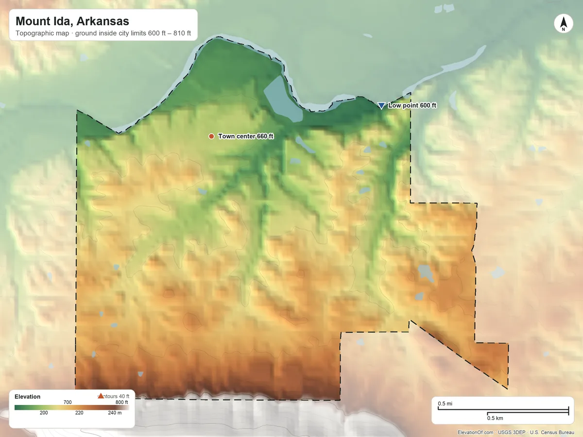 Topographic elevation map of Mount Ida, Arkansas, shaded from 600 ft on the east side to 810 ft at the foot of the Caddo Mountains