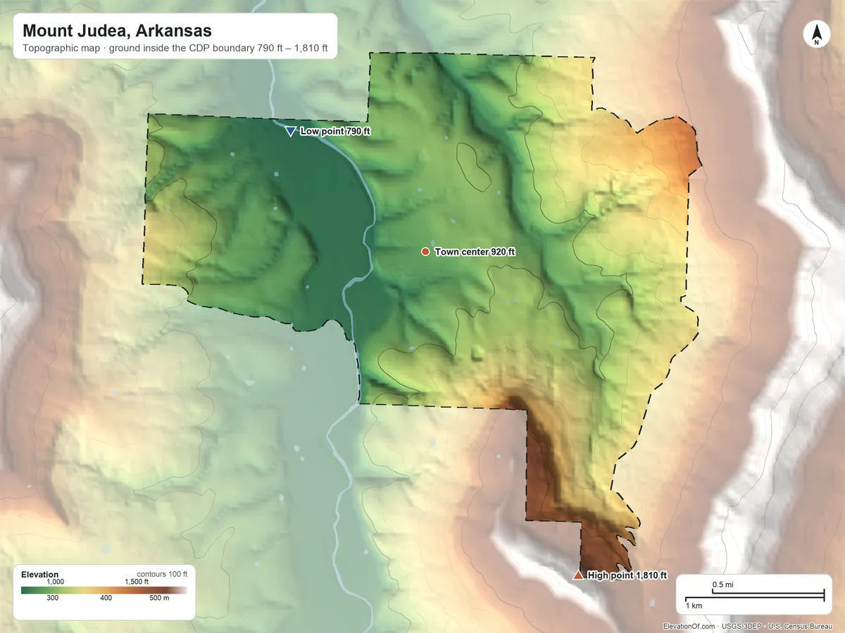 Topographic elevation map of Mount Judea, Arkansas, shaded from 790 ft on the northwest side to 1,810 ft on the southeast edge, below higher ground just outside