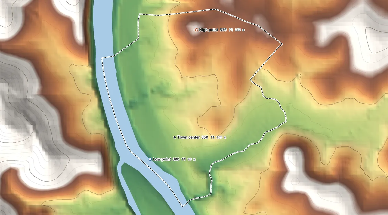 Topographic elevation map of Mount Olive, Arkansas, shaded from 300 ft on the southwest side to 530 ft on the north edge, below higher ground just outside