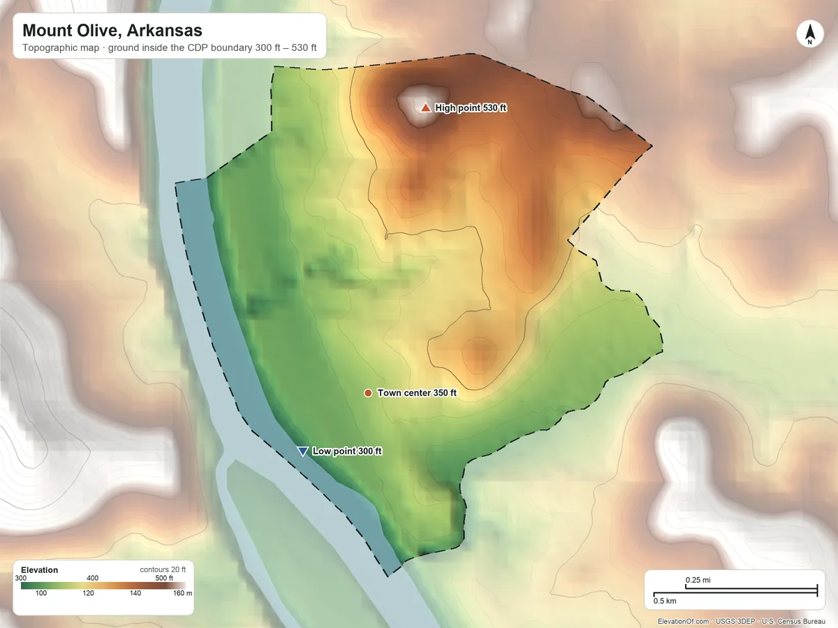 Topographic elevation map of Mount Olive, Arkansas, shaded from 300 ft on the southwest side to 530 ft on the north edge, below higher ground just outside