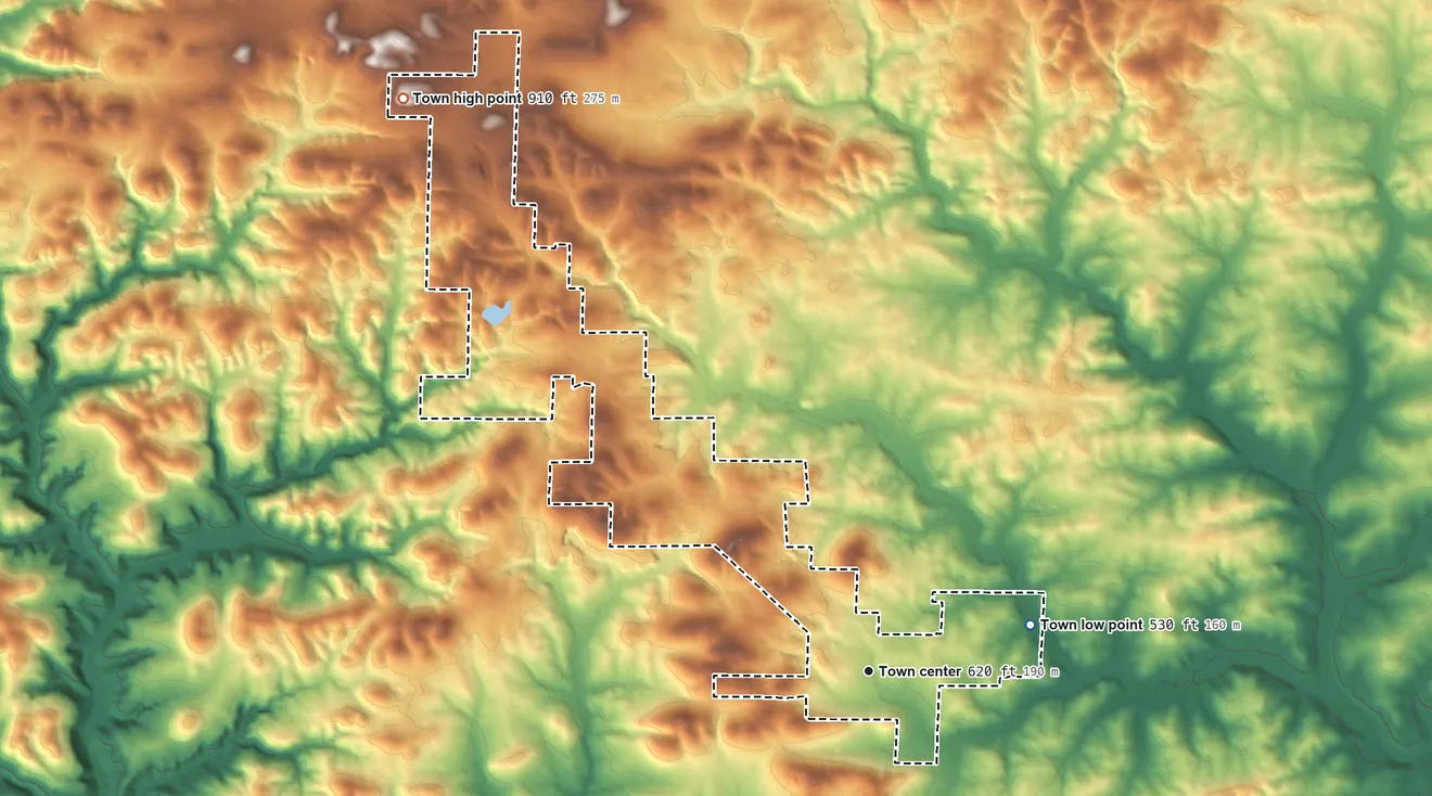 Topographic elevation map of Mount Pleasant, Arkansas, shaded from 530 ft on the east side to 910 ft on the northwest side