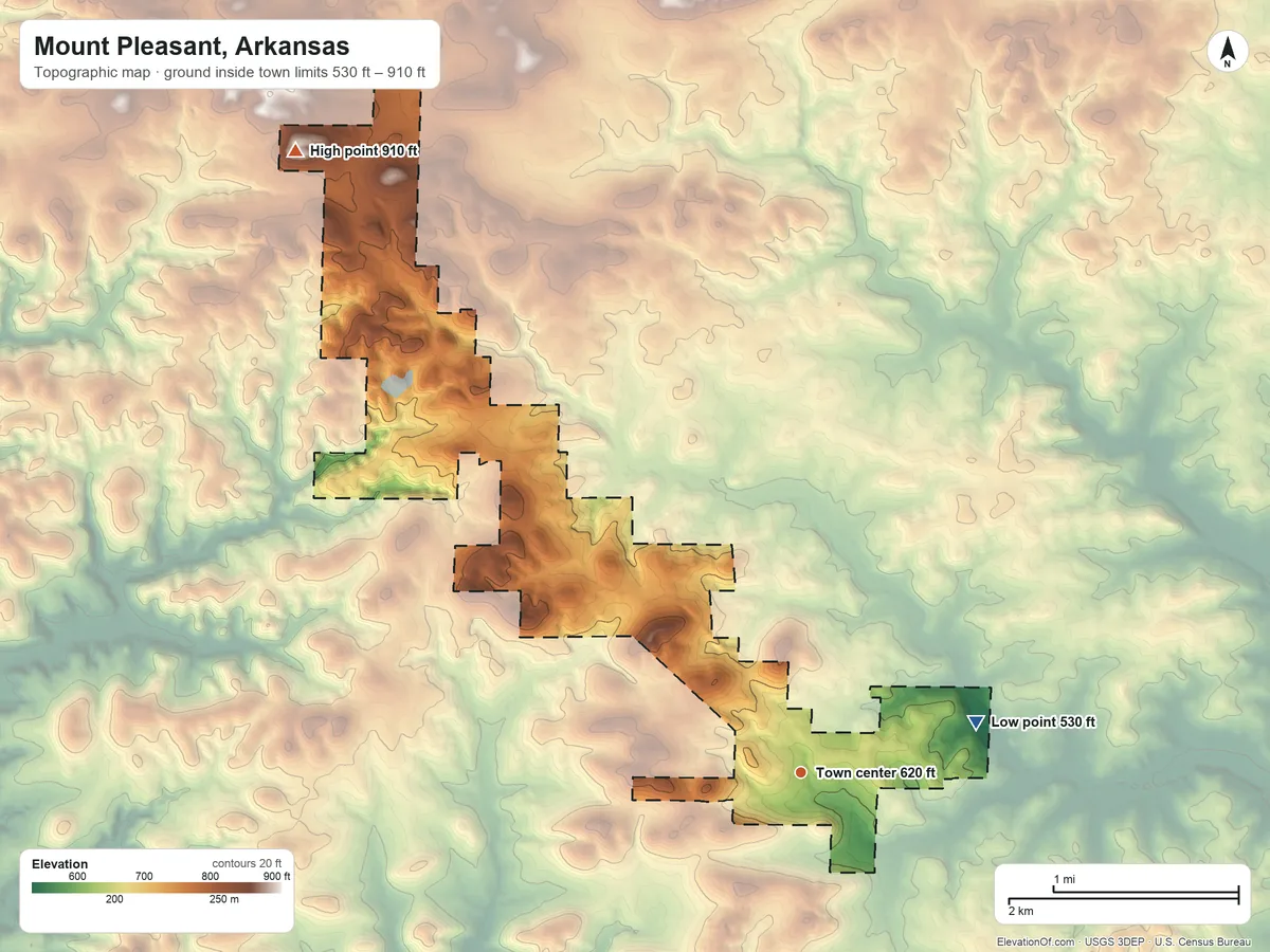 Topographic elevation map of Mount Pleasant, Arkansas, shaded from 530 ft on the east side to 910 ft on the northwest side