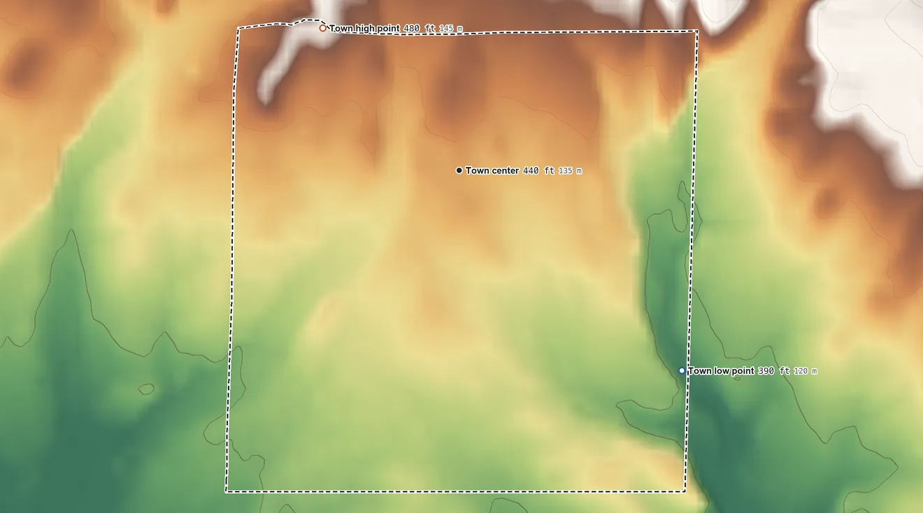 Topographic elevation map of Mount Vernon, Arkansas, shaded from 390 ft on the southeast side to 480 ft on the northwest side