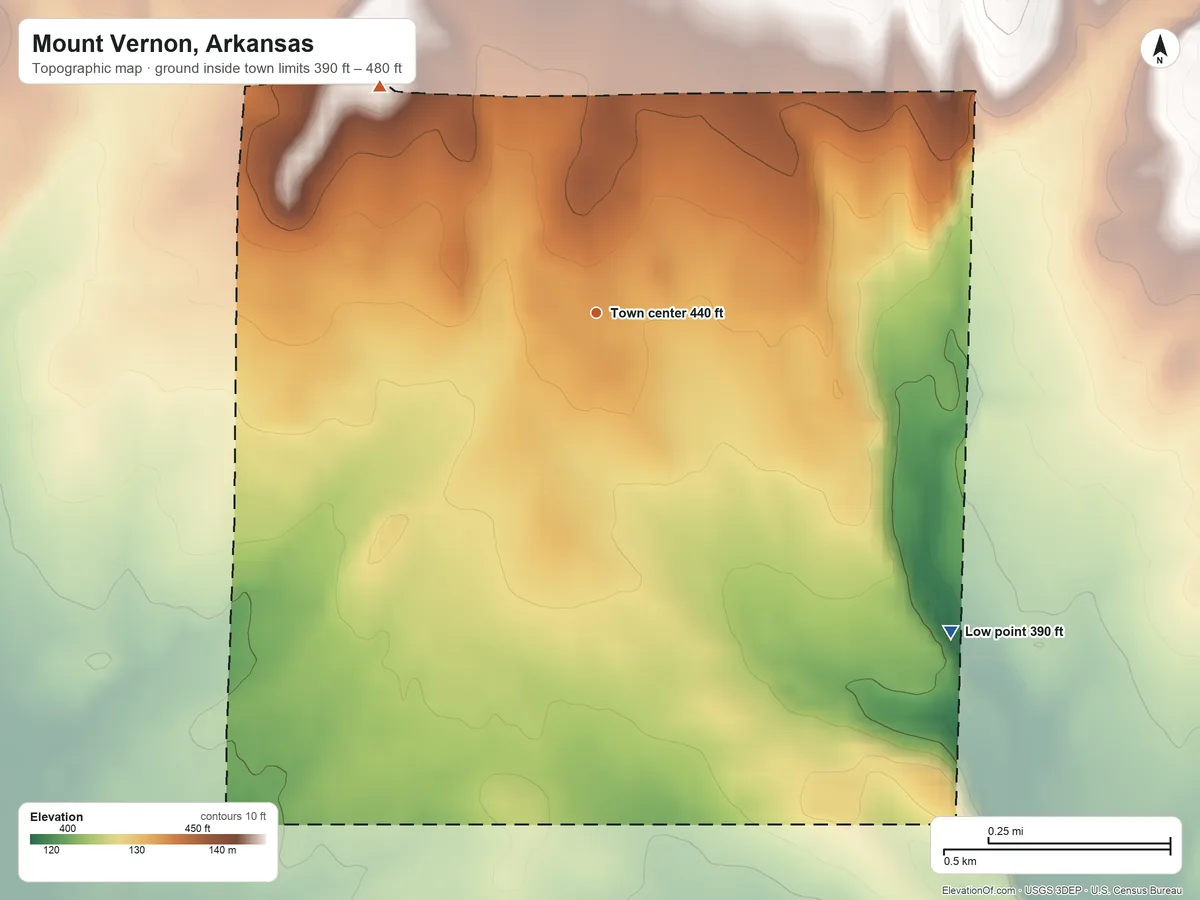 Topographic elevation map of Mount Vernon, Arkansas, shaded from 390 ft on the southeast side to 480 ft on the northwest side
