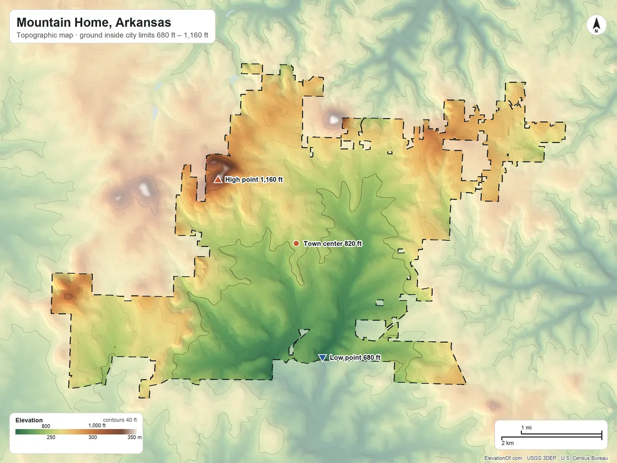 Topographic elevation map of Mountain Home, Arkansas, shaded from 680 ft on the south side to 1,160 ft on Capitol Hill