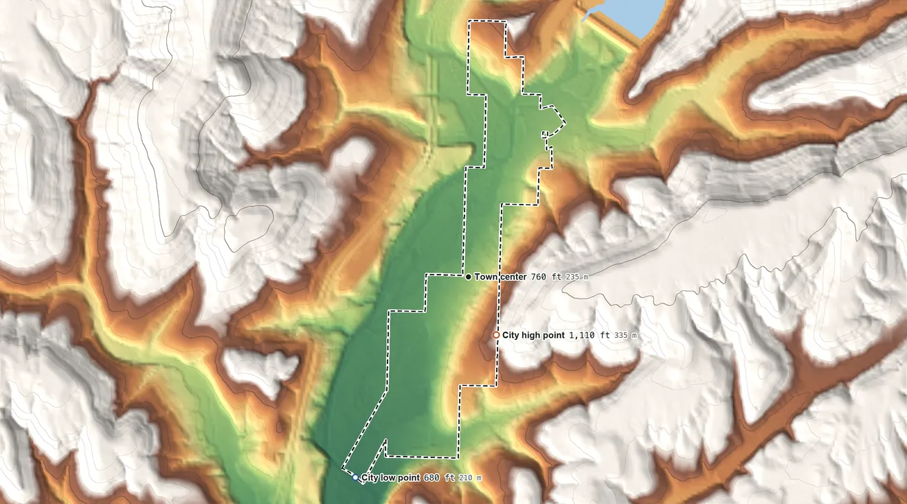 Topographic elevation map of Mountainburg, Arkansas, shaded from 680 ft on the southwest side to 1,110 ft on the southeast edge, below higher ground just outside