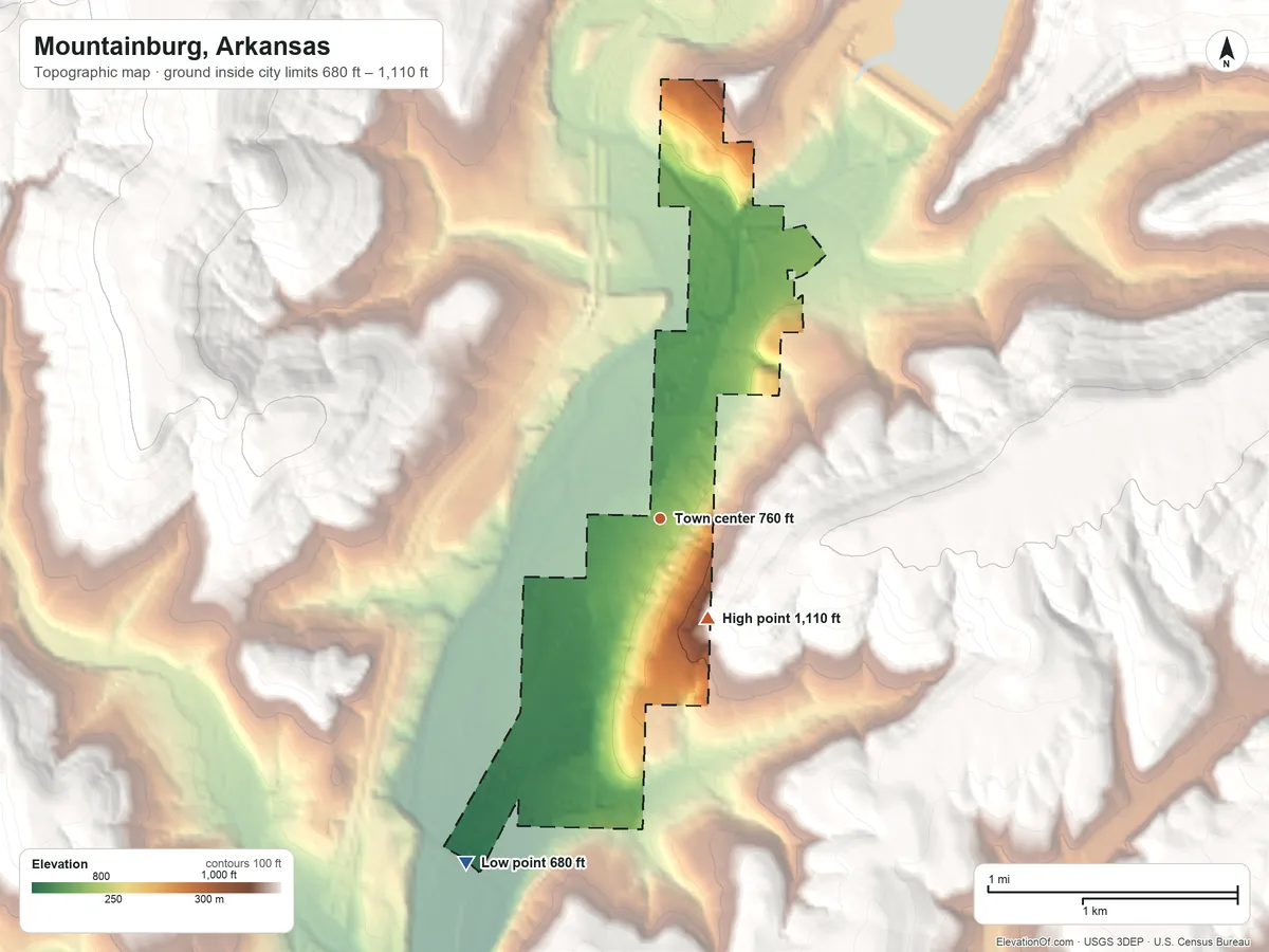 Topographic elevation map of Mountainburg, Arkansas, shaded from 680 ft on the southwest side to 1,110 ft on the southeast edge, below higher ground just outside