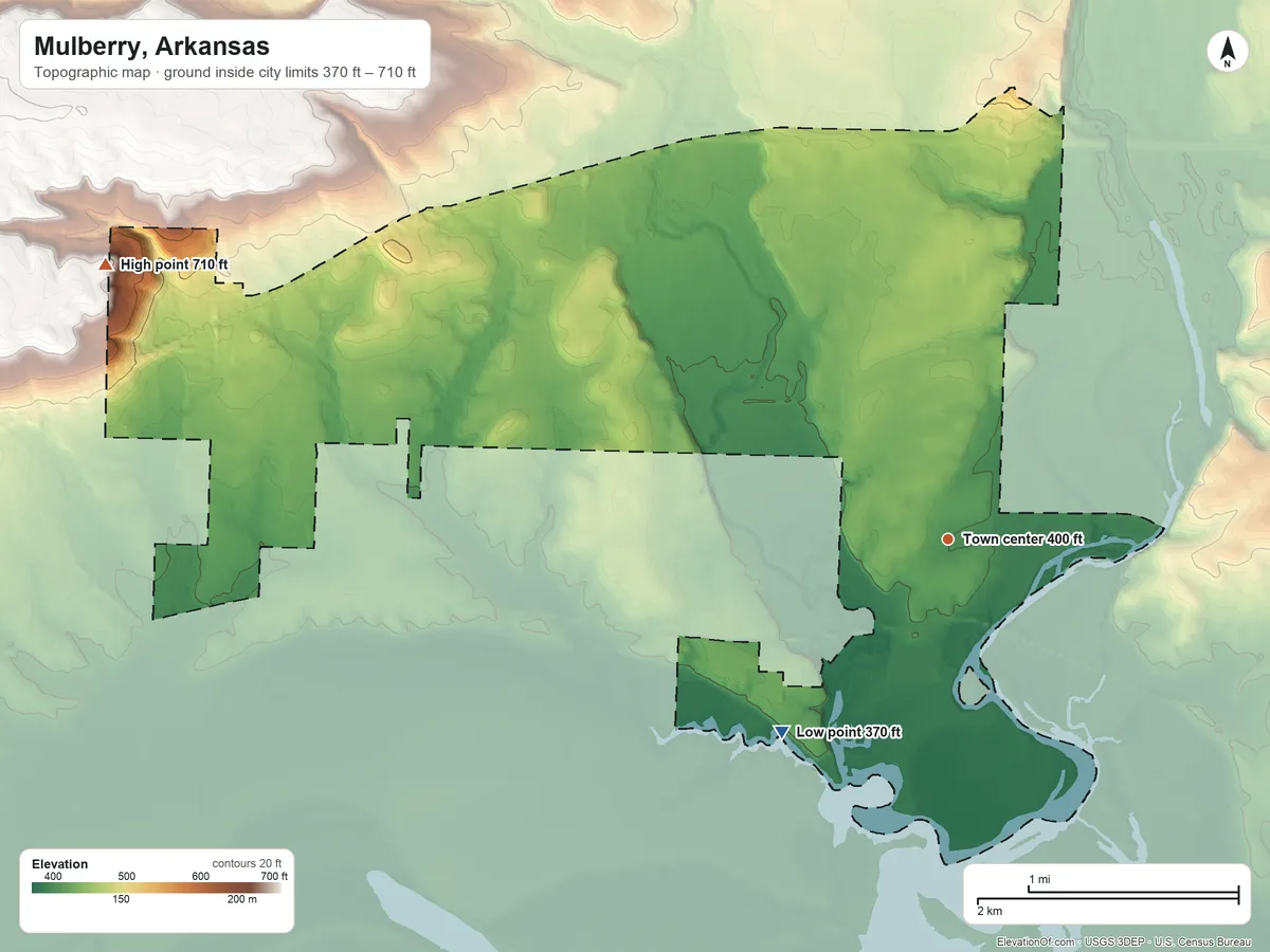 Topographic elevation map of Mulberry, Arkansas, shaded from 370 ft on the southwest side to 710 ft on the west side