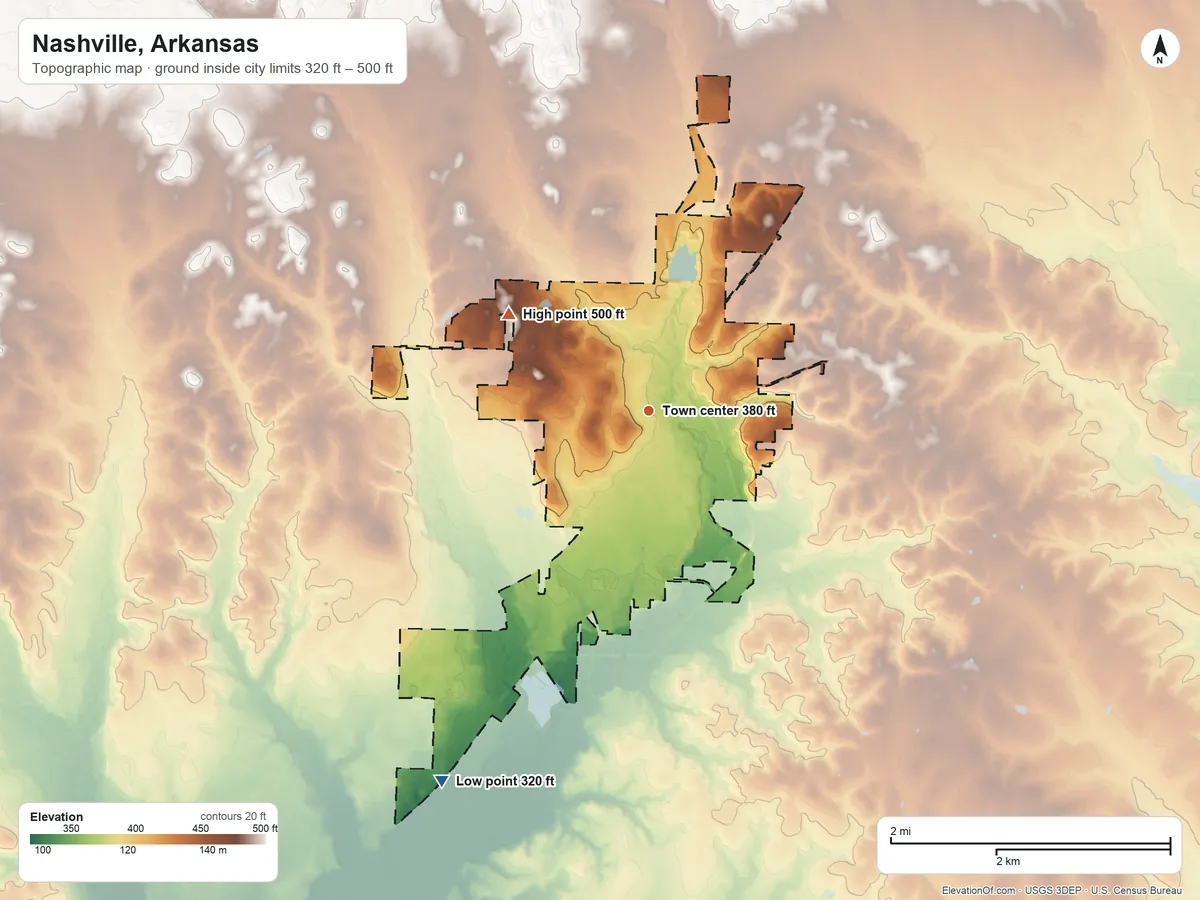 Topographic elevation map of Nashville, Arkansas, shaded from 320 ft on the southwest side to 500 ft on the northwest side
