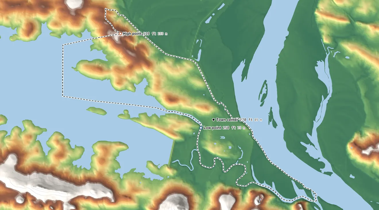 Topographic elevation map of Natural Steps, Arkansas, shaded from 250 ft near the middle to 510 ft on the northwest side
