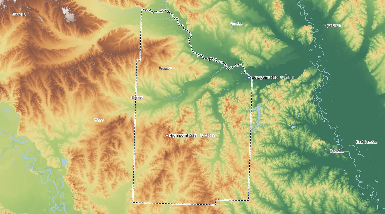 Topographic elevation map of Nevada County, Arkansas, shaded from 150 ft on the northeast side to 520 ft on the southwest side