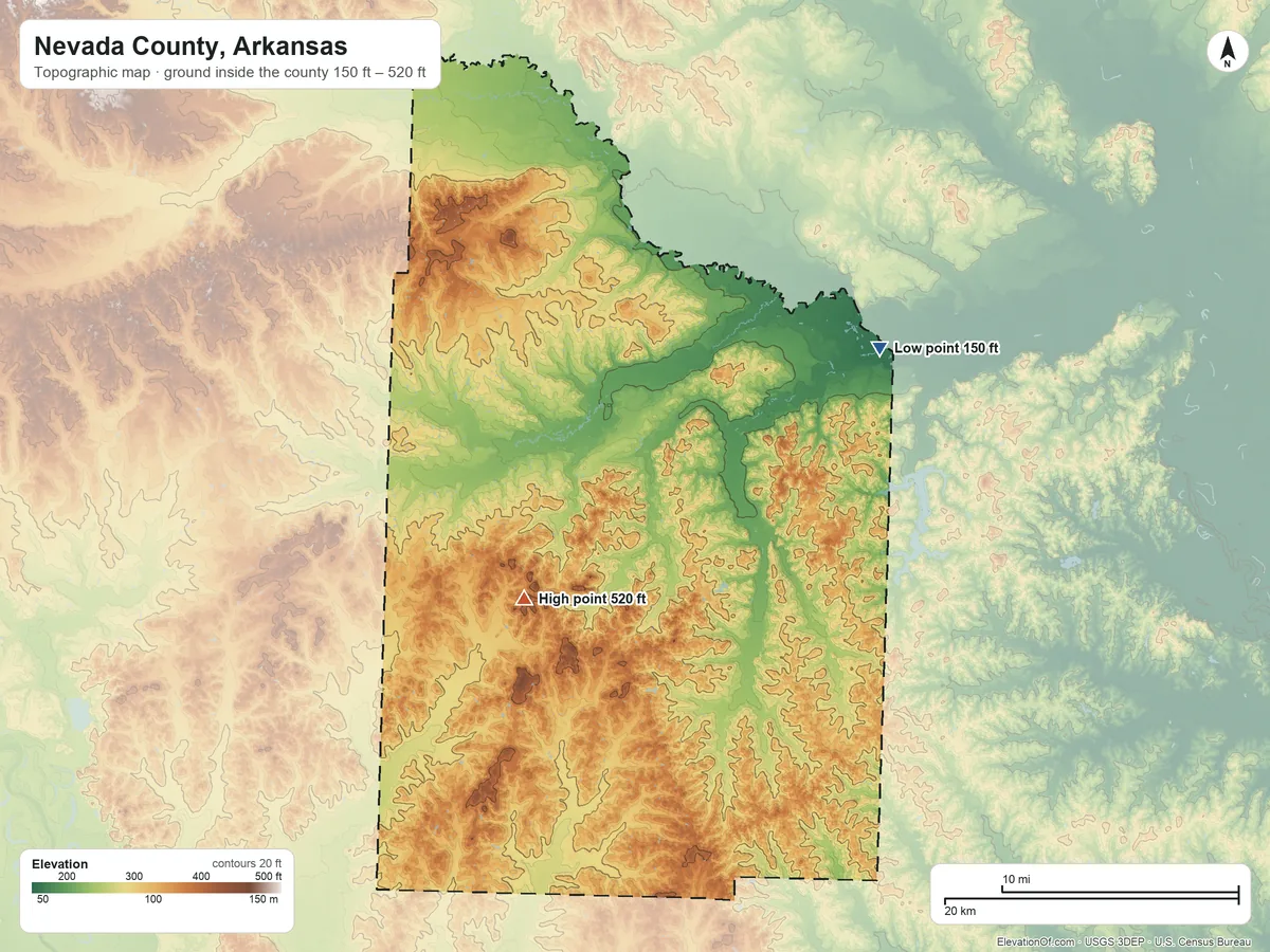 Topographic elevation map of Nevada County, Arkansas, shaded from 150 ft on the northeast side to 520 ft on the southwest side