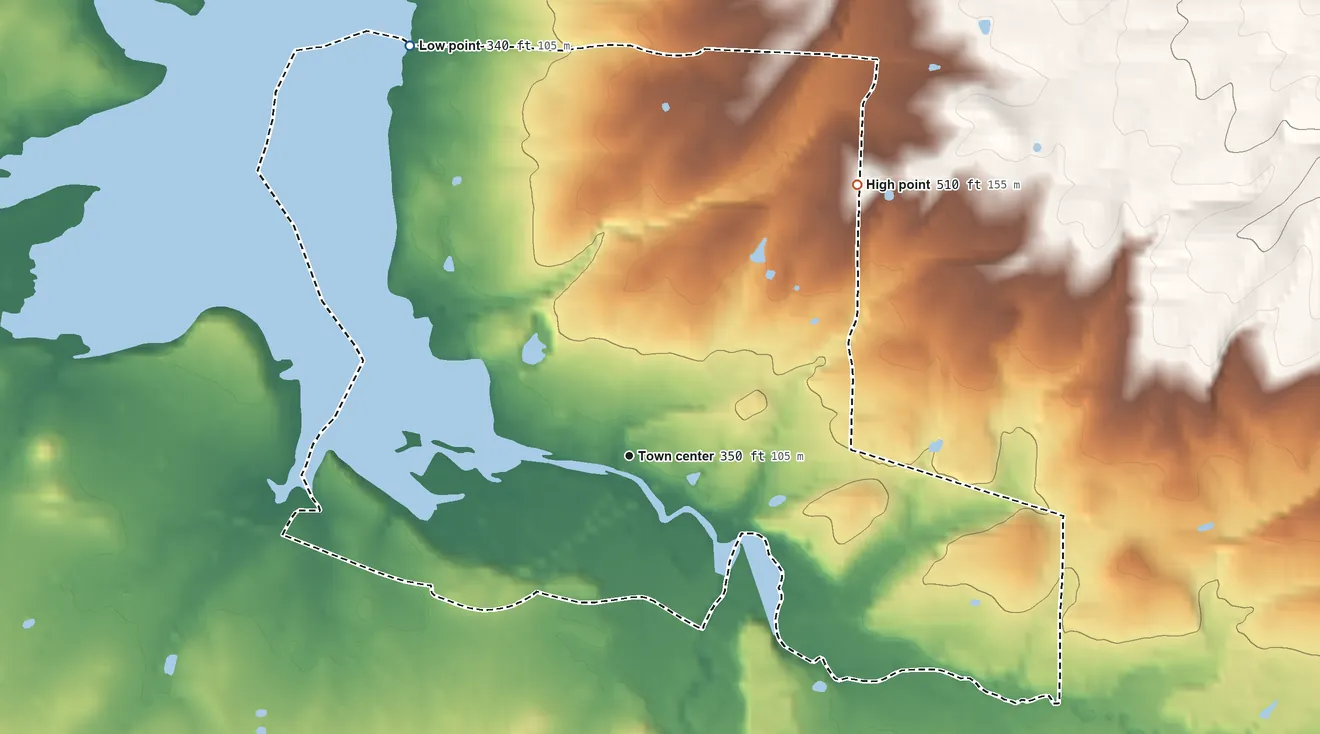Topographic elevation map of New Blaine, Arkansas, shaded from 340 ft on the northwest side to 510 ft on the northeast side