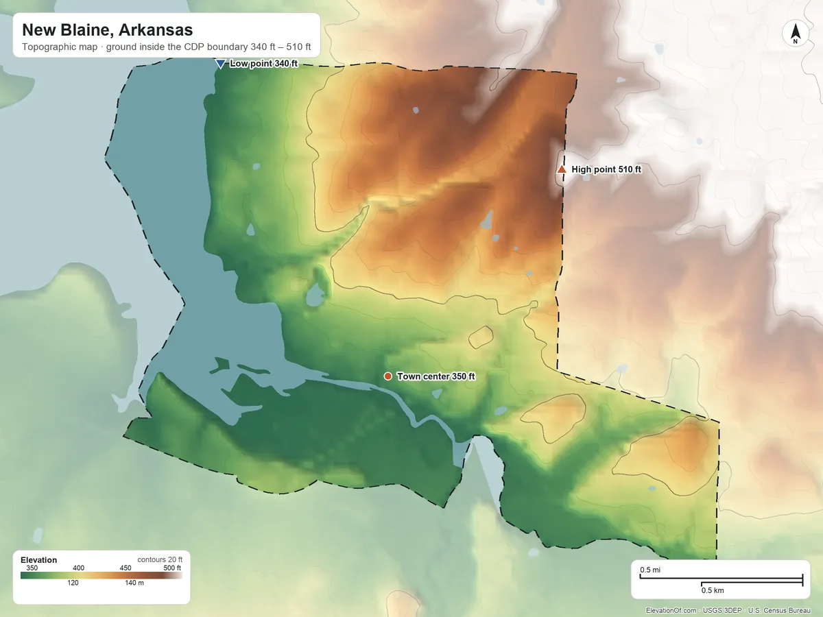 Topographic elevation map of New Blaine, Arkansas, shaded from 340 ft on the northwest side to 510 ft on the northeast side