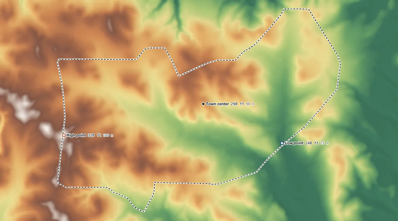Topographic elevation map of New Edinburg, Arkansas, shaded from 240 ft on the southeast side to 320 ft on the west side