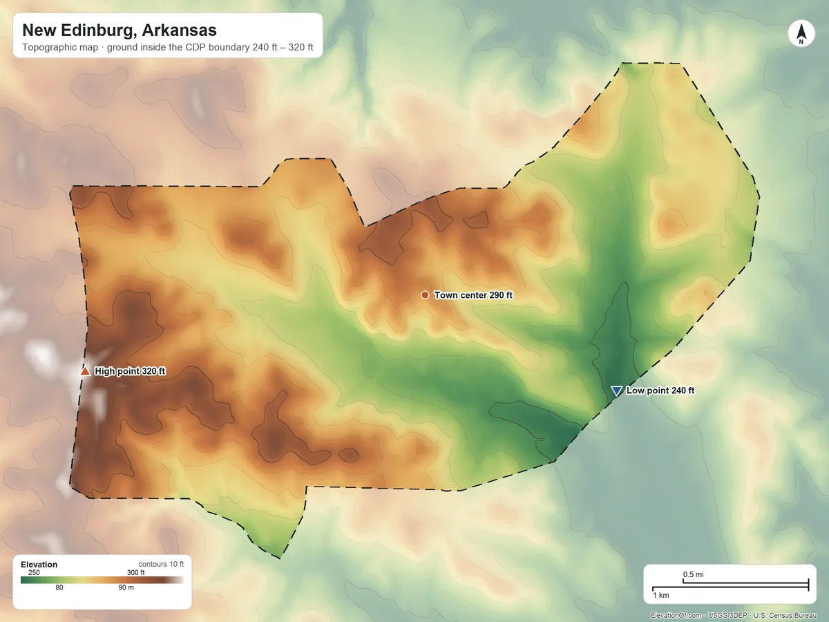 Topographic elevation map of New Edinburg, Arkansas, shaded from 240 ft on the southeast side to 320 ft on the west side