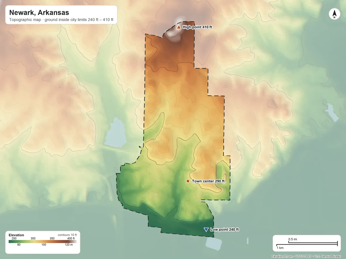 Topographic elevation map of Newark, Arkansas, shaded from 240 ft on the south side to 410 ft on the north side