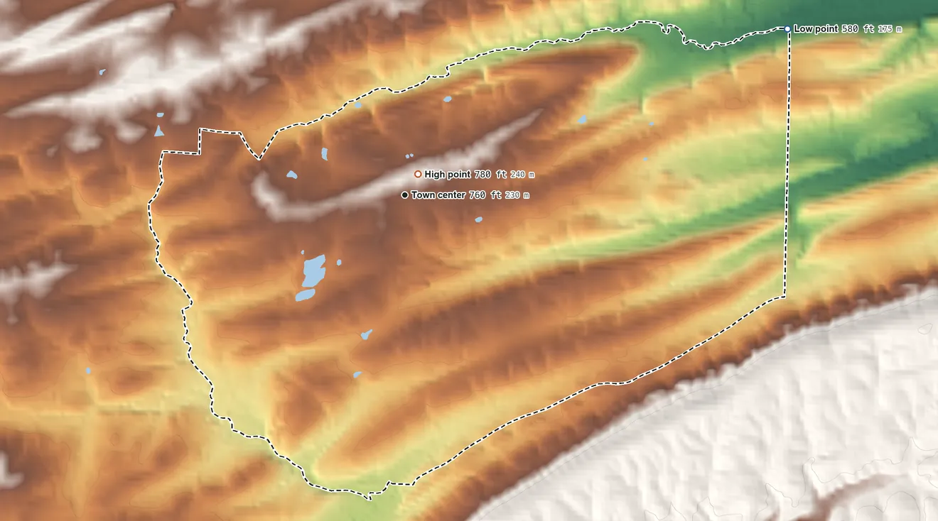 Topographic elevation map of Newhope, Arkansas, shaded from 580 ft on the northeast side to 780 ft near the middle
