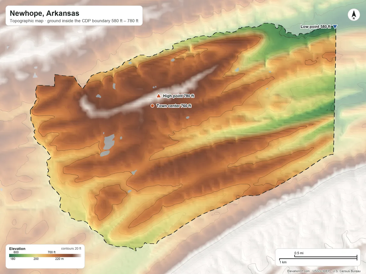 Topographic elevation map of Newhope, Arkansas, shaded from 580 ft on the northeast side to 780 ft near the middle