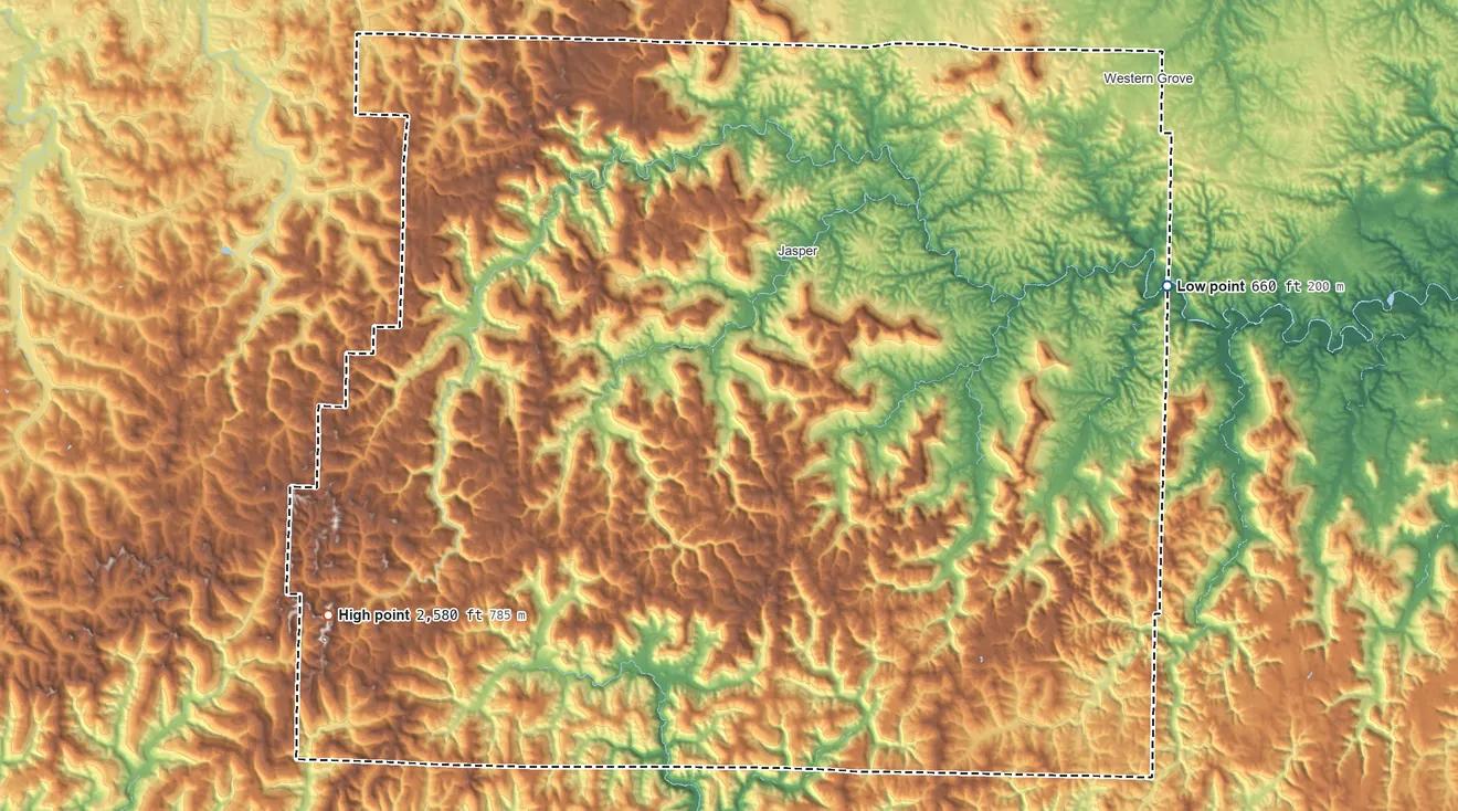 Topographic elevation map of Newton County, Arkansas, shaded from 660 ft on the east side to 2,580 ft on the southwest side
