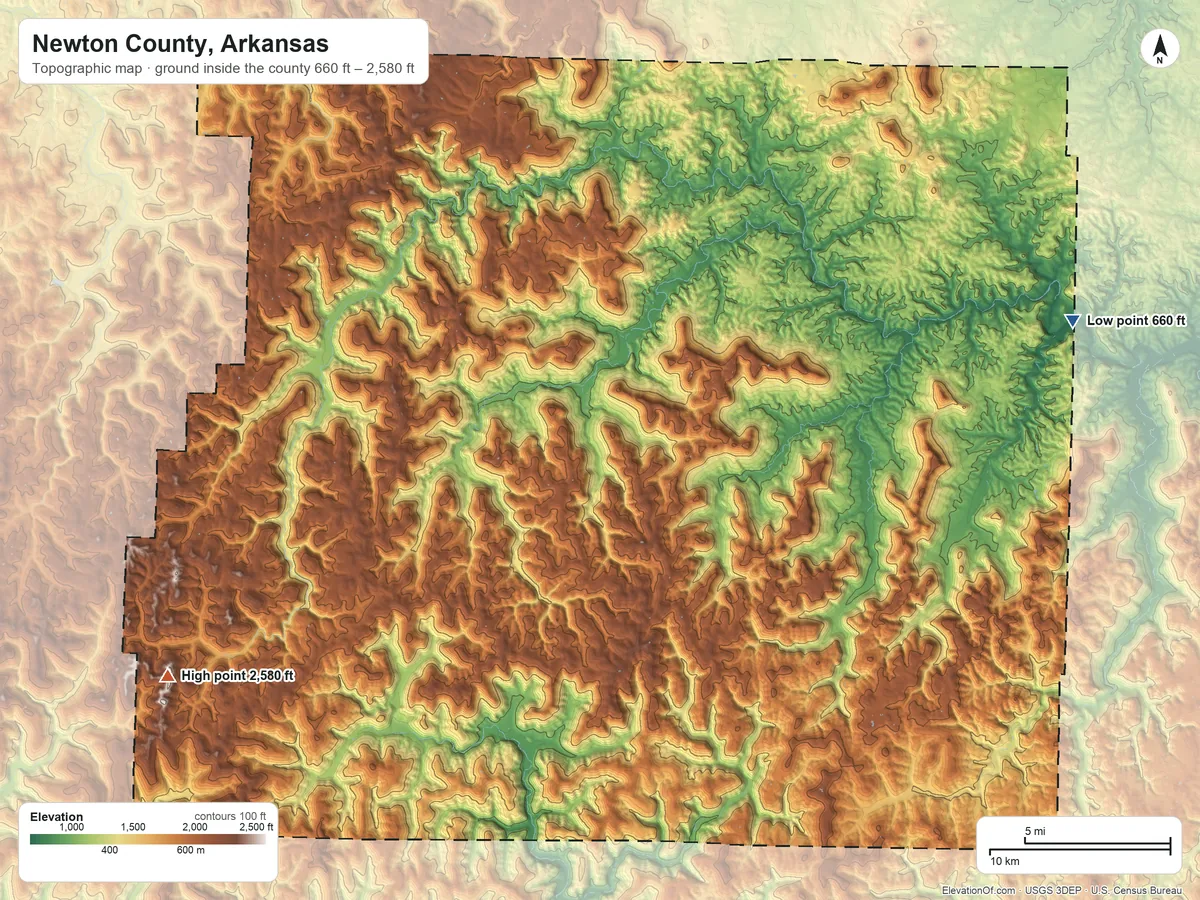Topographic elevation map of Newton County, Arkansas, shaded from 660 ft on the east side to 2,580 ft on the southwest side