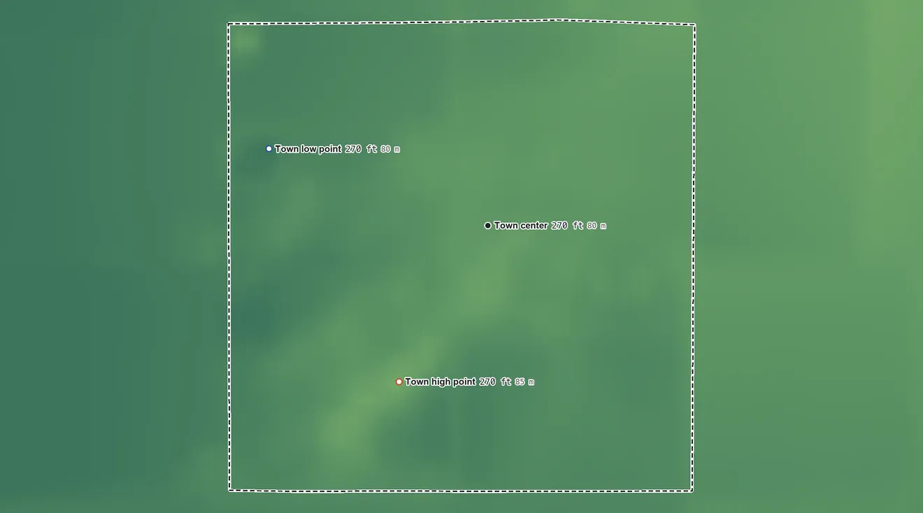 Topographic elevation map of Nimmons, Arkansas, shaded from 270 ft on the west side to 270 ft on the southwest side