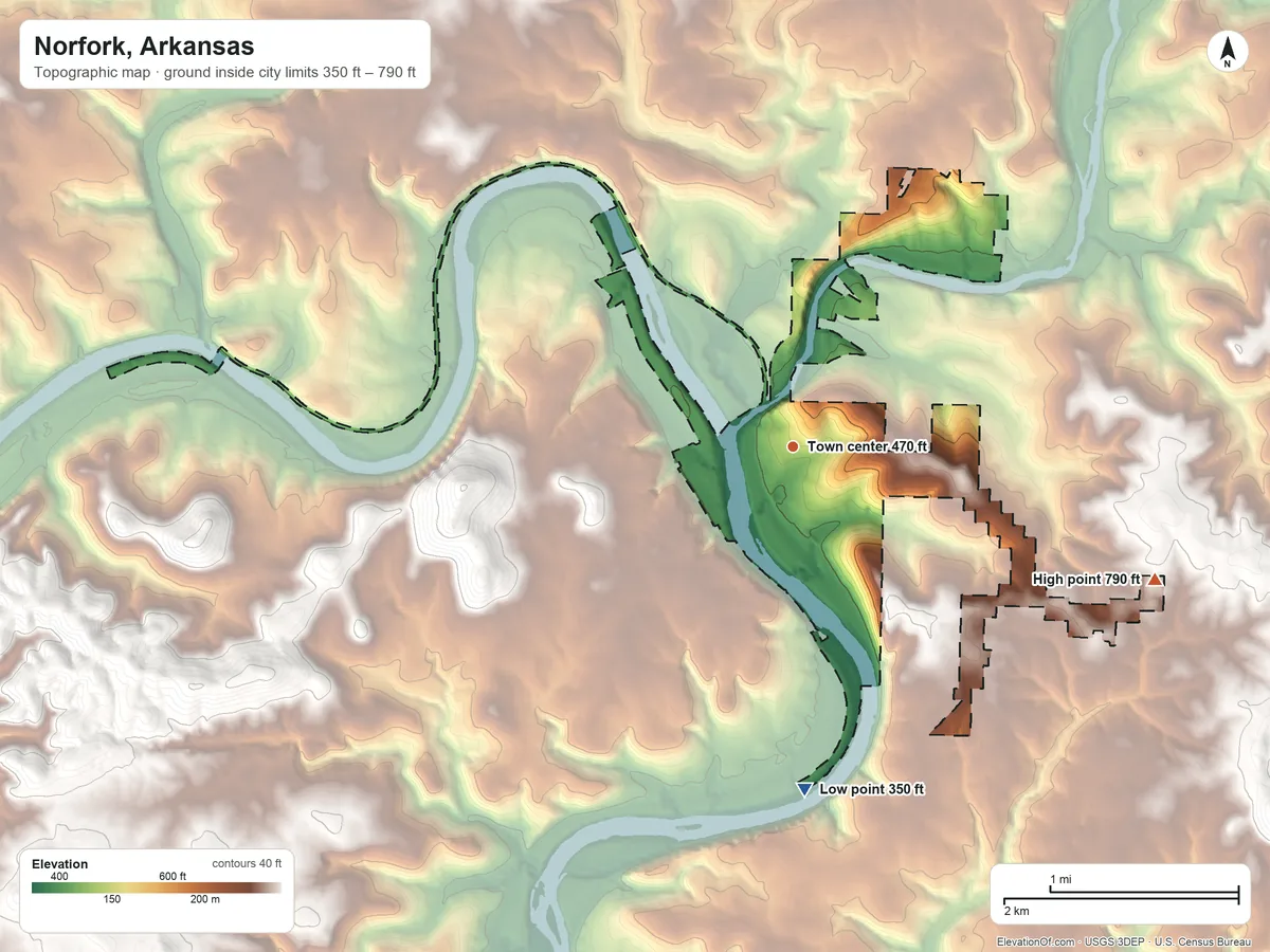 Topographic elevation map of Norfork, Arkansas, shaded from 350 ft on the south side to 790 ft on the east side