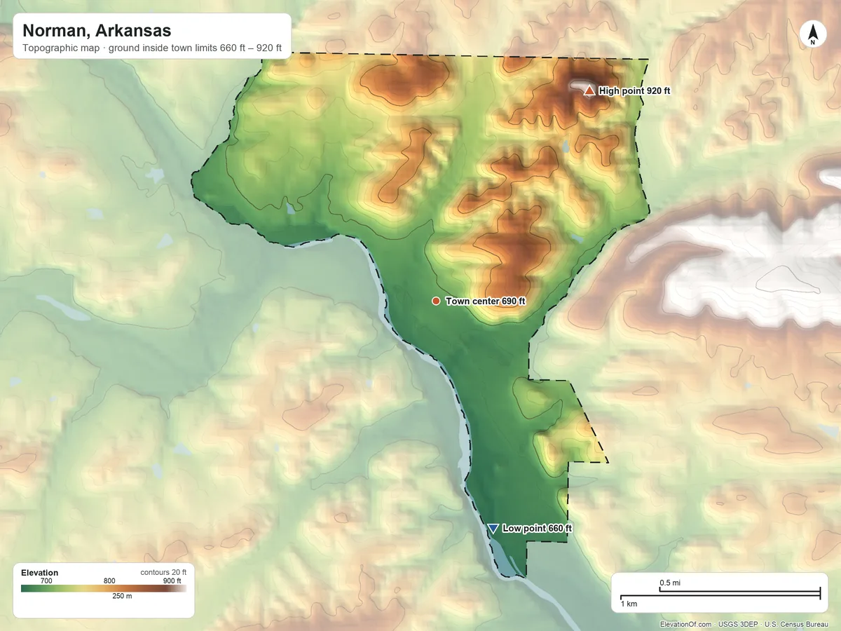 Topographic elevation map of Norman, Arkansas, shaded from 660 ft on the south side to 920 ft at the foot of the Caddo Mountains