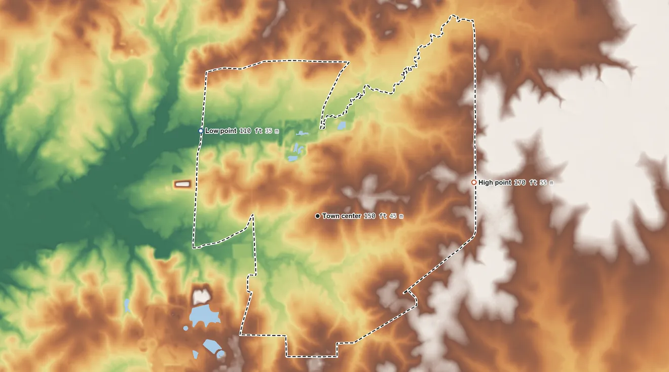 Topographic elevation map of North Crossett, Arkansas, shaded from 110 ft on the northwest side to 170 ft on the east side