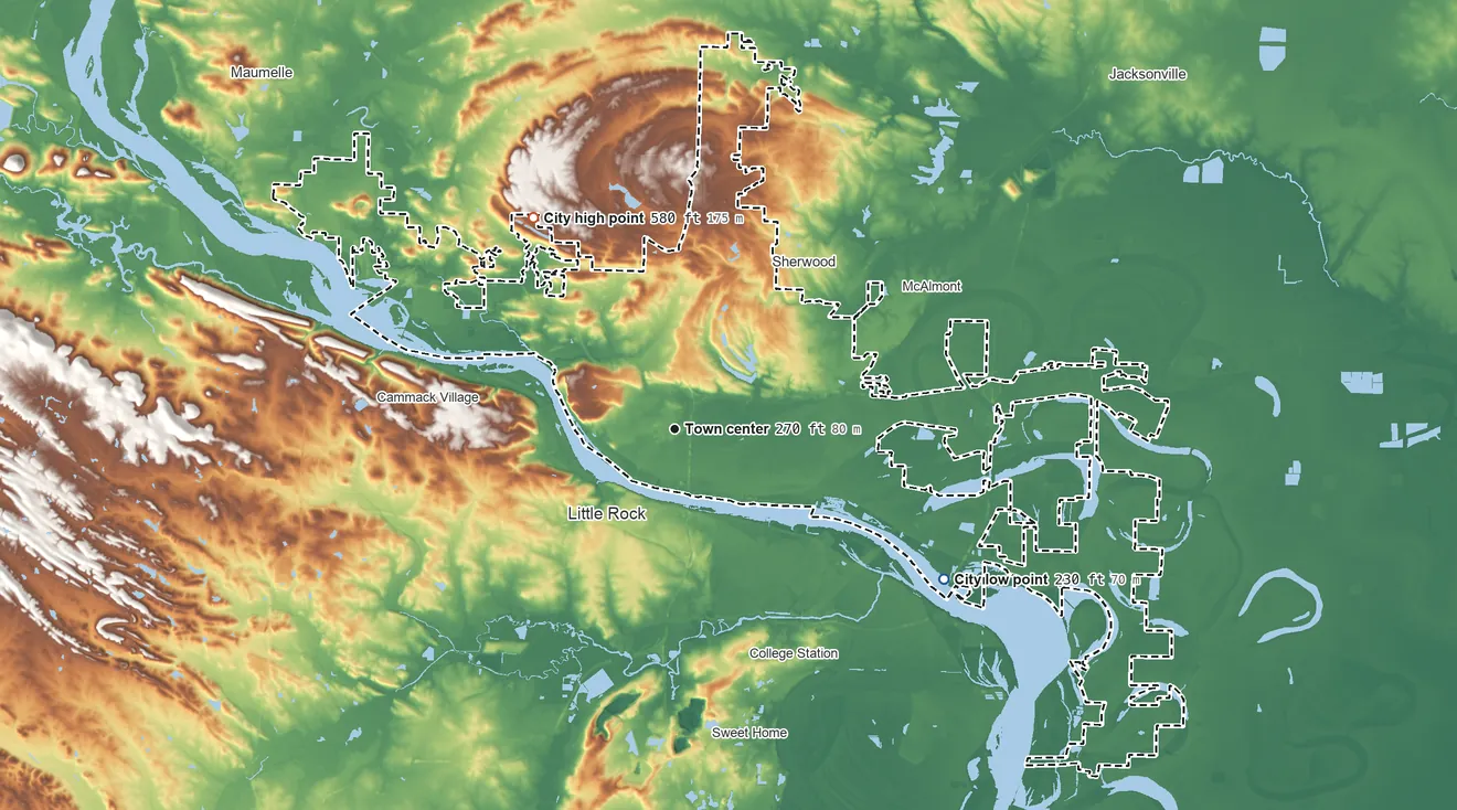 Topographic elevation map of North Little Rock, Arkansas, shaded from 230 ft on the southeast side to 580 ft on the northwest side