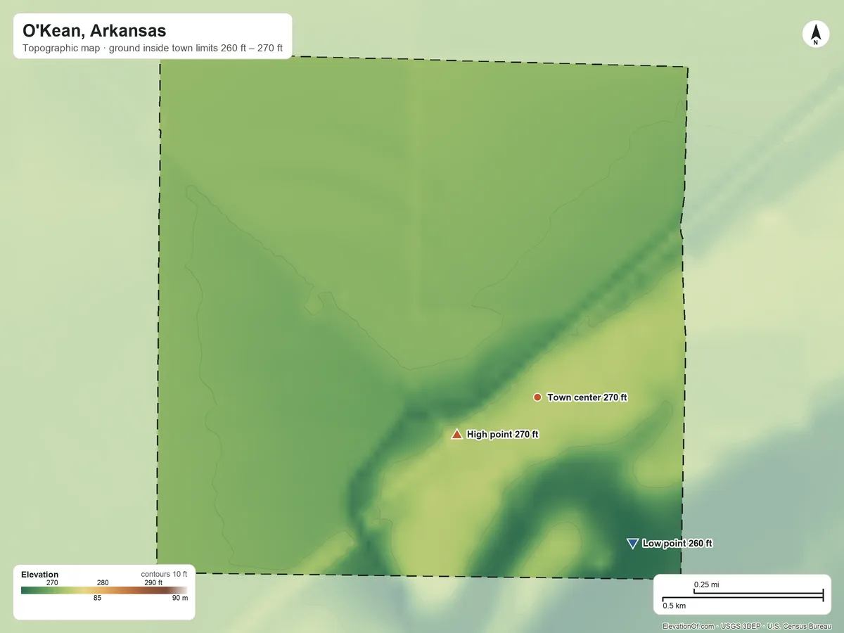 Topographic elevation map of O'Kean, Arkansas, shaded from 260 ft on the southeast side to 270 ft on the southwest side