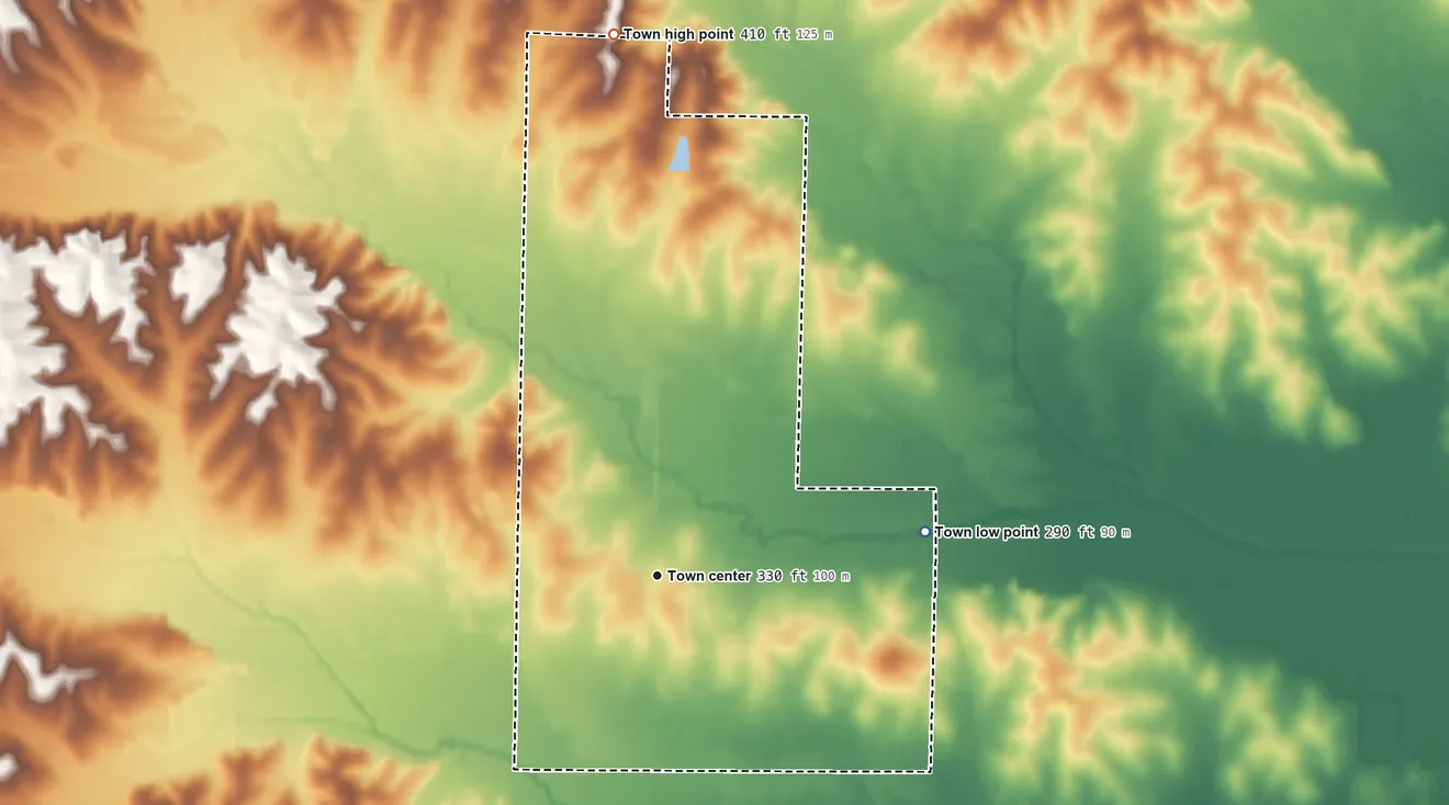 Topographic elevation map of Oak Grove Heights, Arkansas, shaded from 290 ft on the east side to 410 ft on the north side