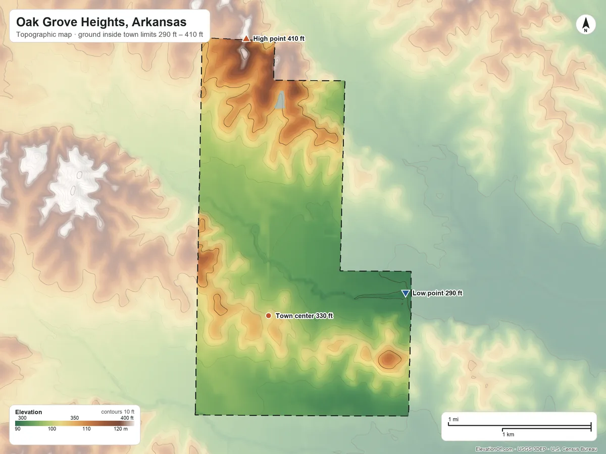 Topographic elevation map of Oak Grove Heights, Arkansas, shaded from 290 ft on the east side to 410 ft on the north side