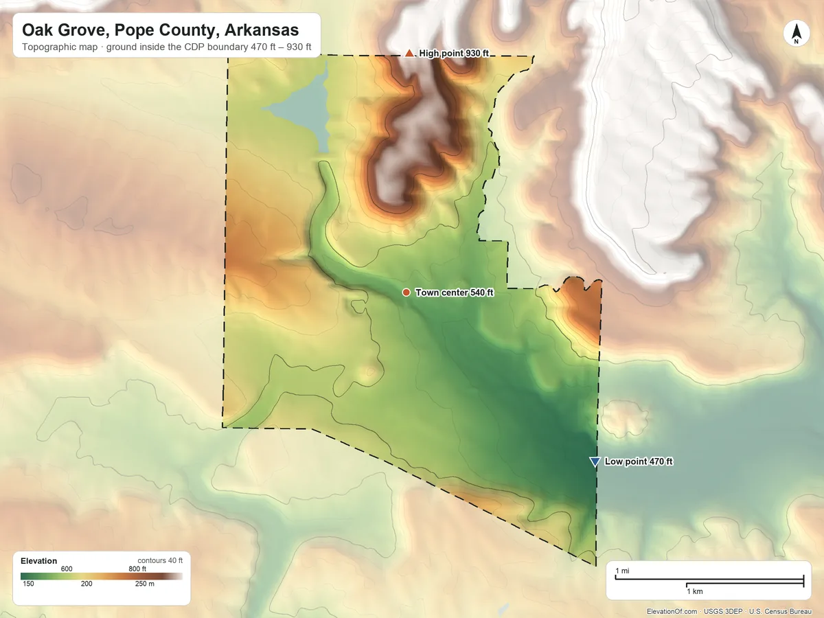 Topographic elevation map of Oak Grove, Pope County, Arkansas, shaded from 470 ft on the southeast side to 930 ft on the north edge, below higher ground just outside