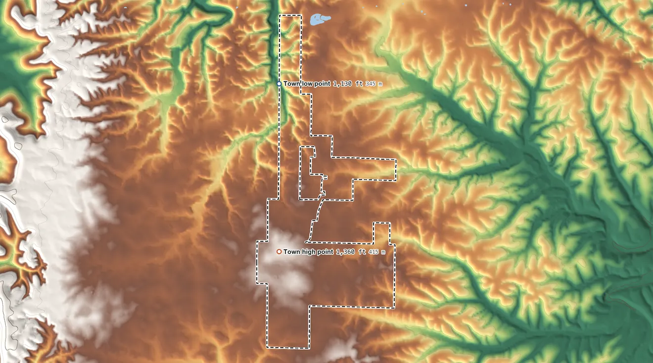 Topographic elevation map of Oak Grove, Arkansas, shaded from 1,130 ft on the north side to 1,360 ft near the middle