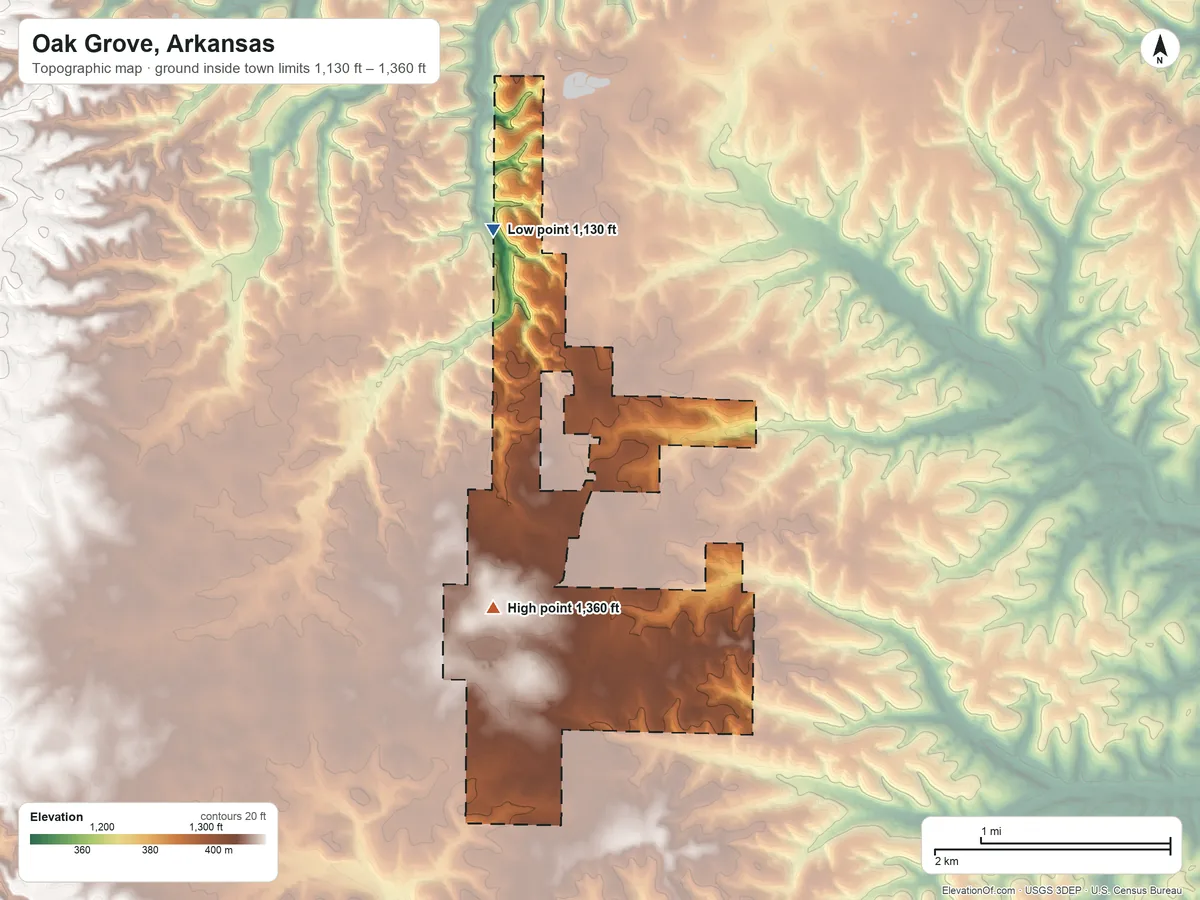 Topographic elevation map of Oak Grove, Arkansas, shaded from 1,130 ft on the north side to 1,360 ft near the middle