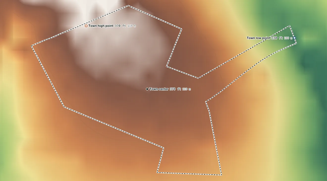 Topographic elevation map of Oakhaven, Arkansas, shaded from 330 ft on the east side to 370 ft on the northwest side