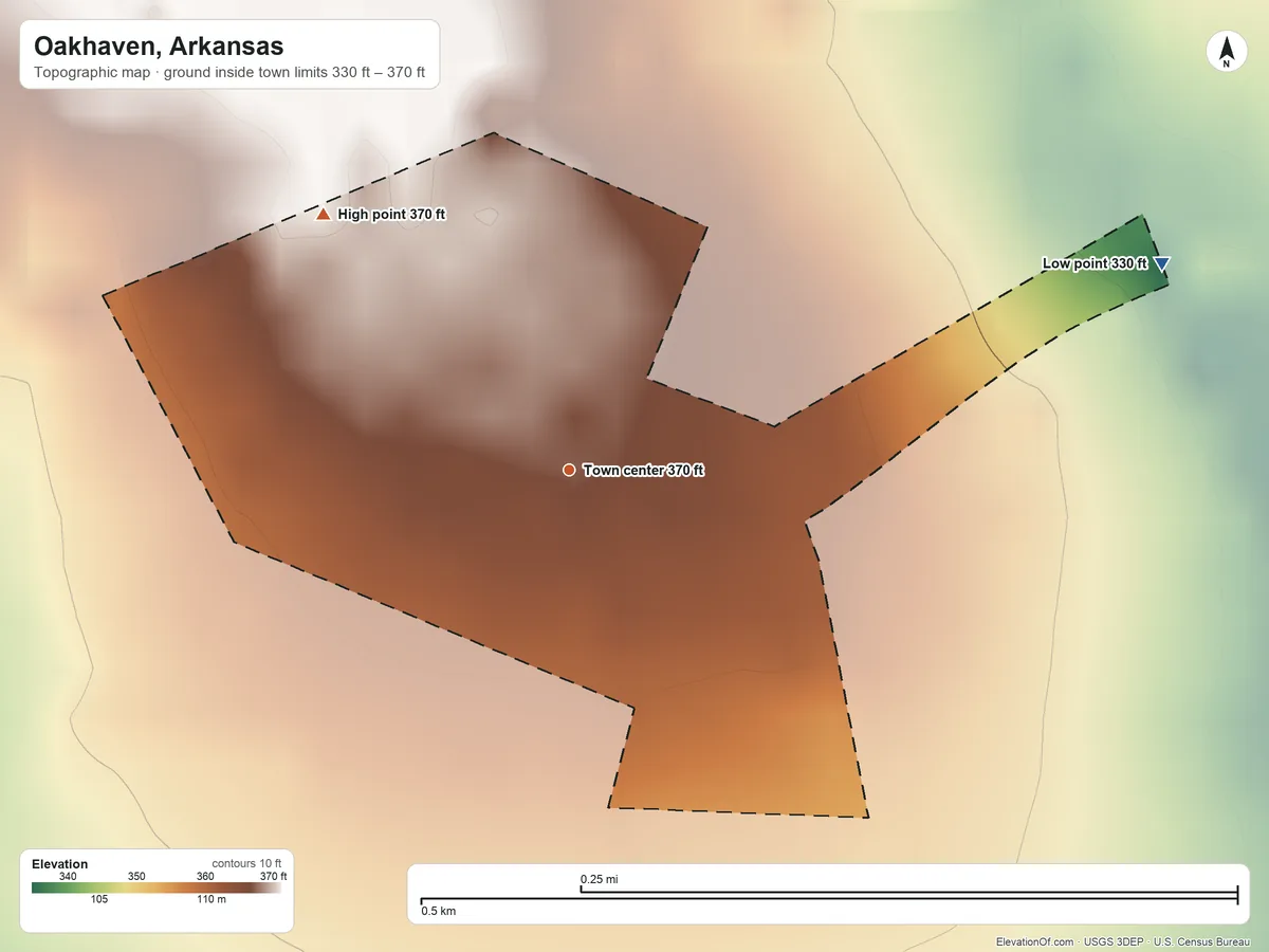 Topographic elevation map of Oakhaven, Arkansas, shaded from 330 ft on the east side to 370 ft on the northwest side