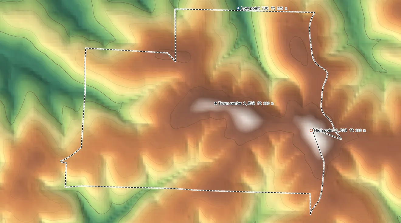 Topographic elevation map of Oakland, Arkansas, shaded from 730 ft on the north side to 1,080 ft on the east side