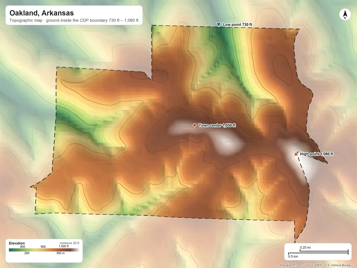 Topographic elevation map of Oakland, Arkansas, shaded from 730 ft on the north side to 1,080 ft on the east side