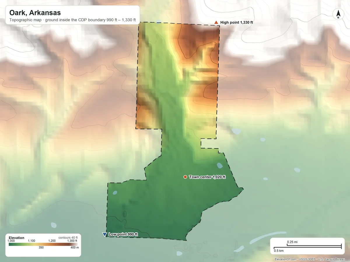 Topographic elevation map of Oark, Arkansas, shaded from 990 ft on the southwest side to 1,330 ft at the foot of the Boston Mountains