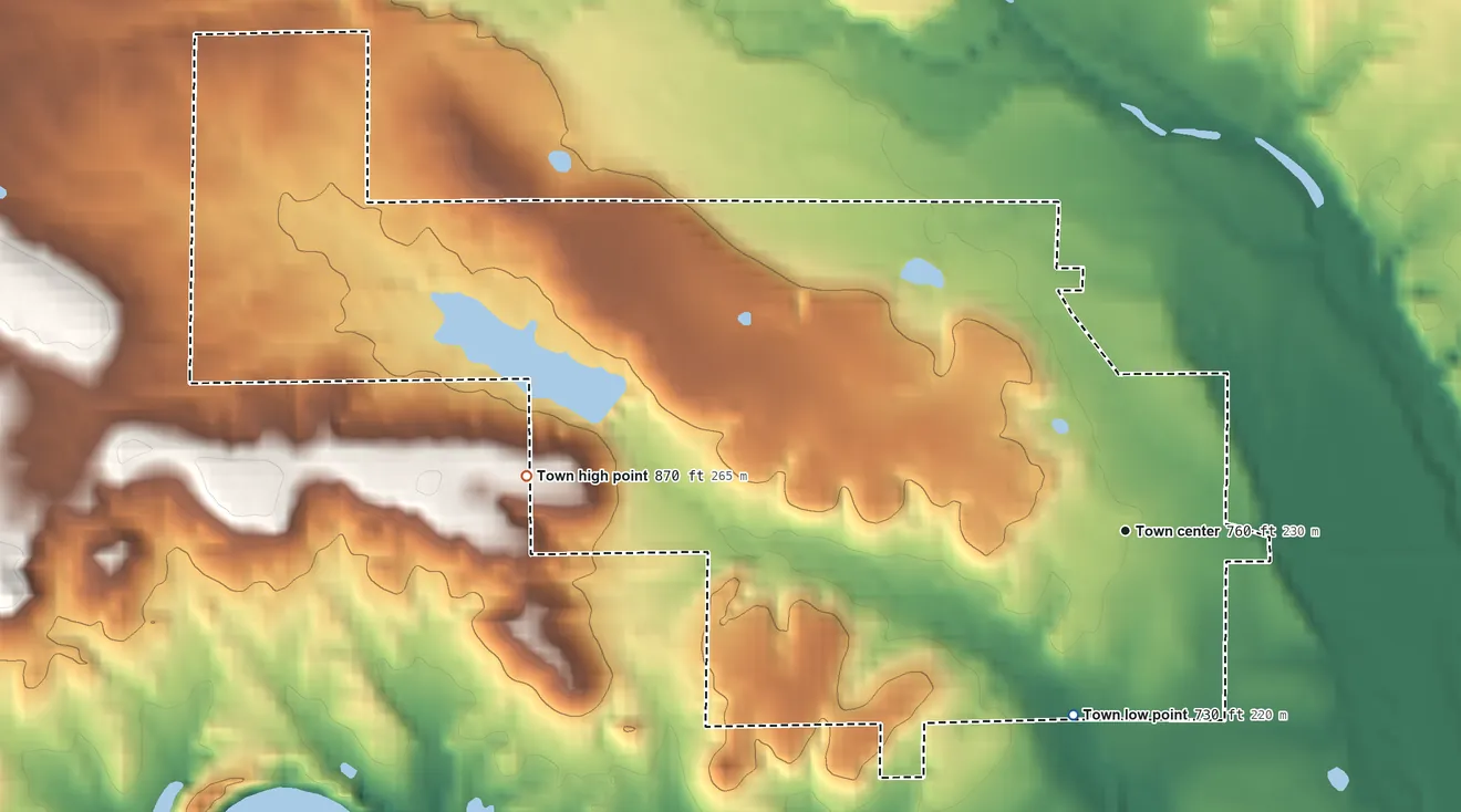 Topographic elevation map of Oden, Arkansas, shaded from 730 ft on the south side to 870 ft on the west side