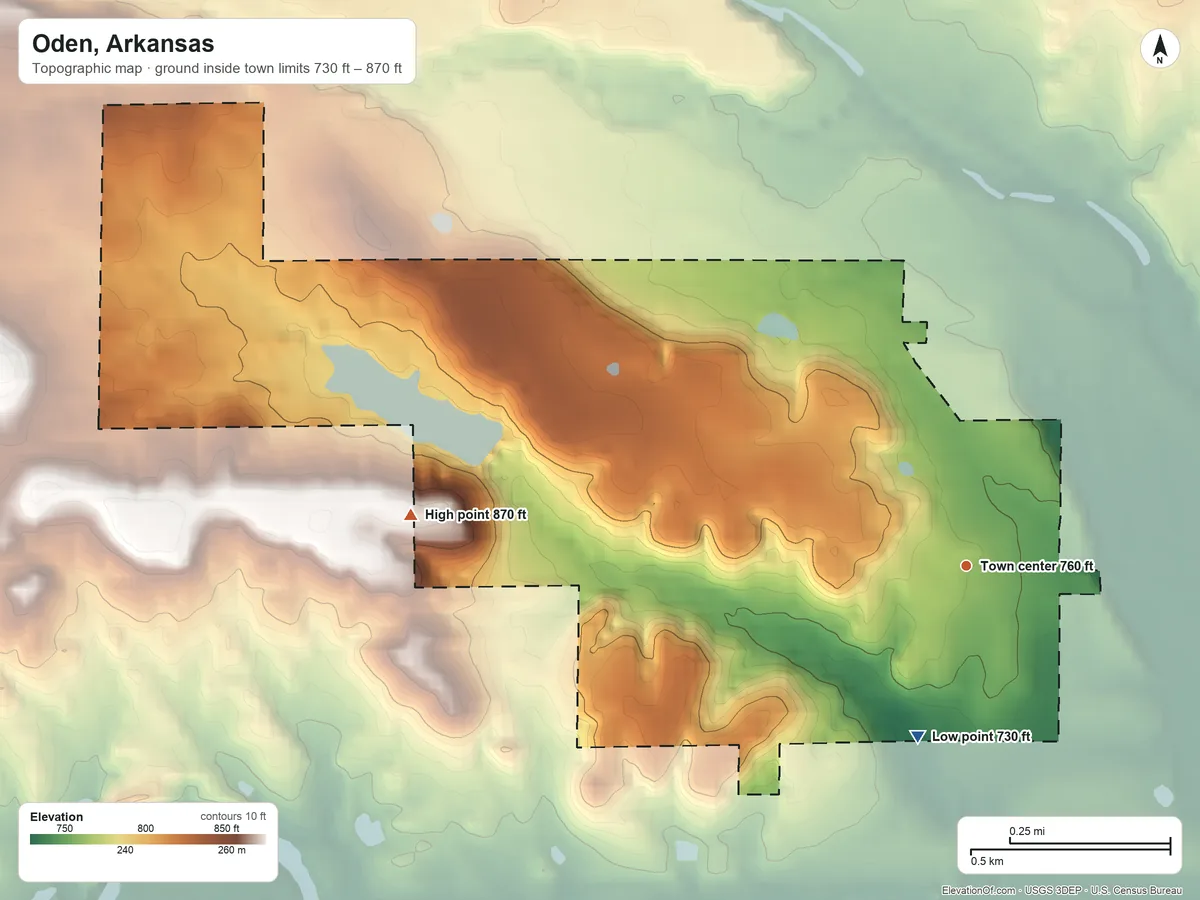 Topographic elevation map of Oden, Arkansas, shaded from 730 ft on the south side to 870 ft on the west side