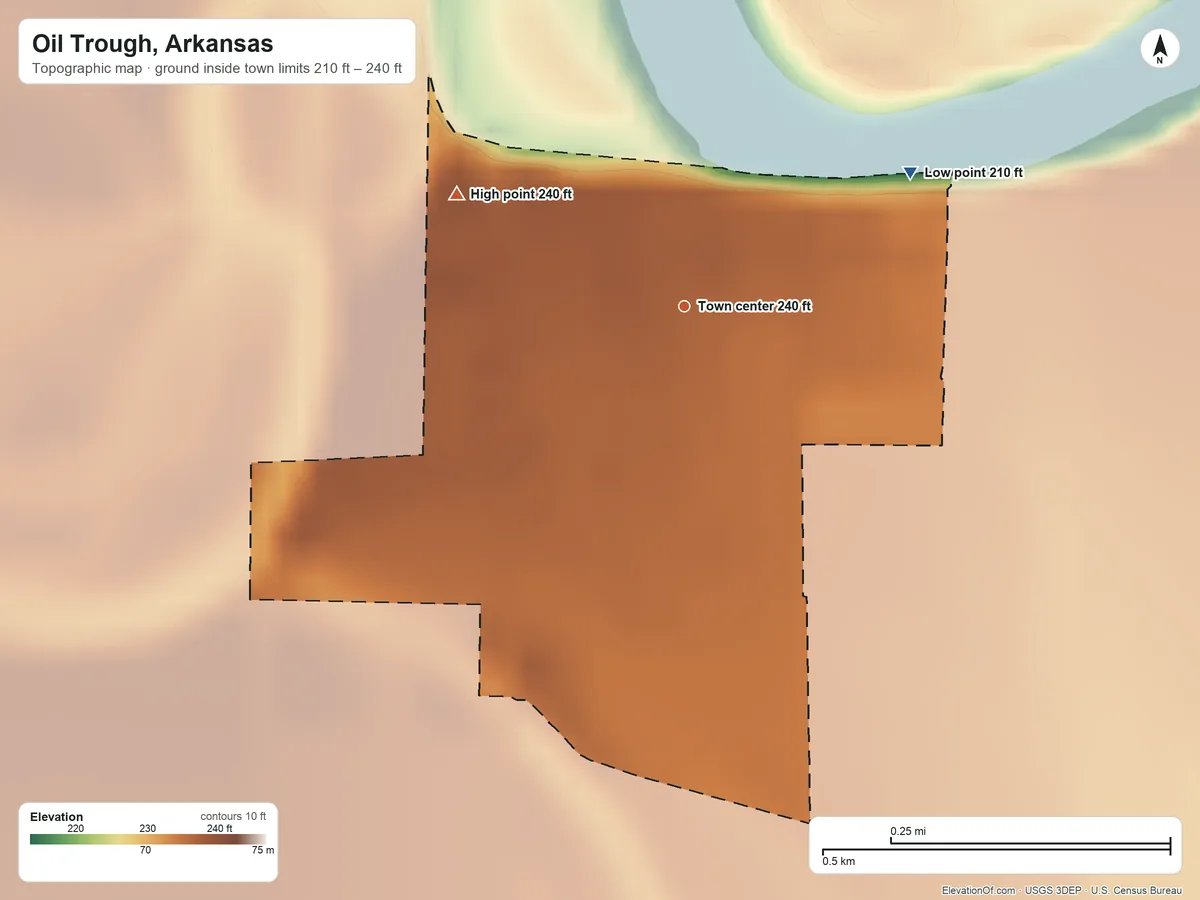 Topographic elevation map of Oil Trough, Arkansas, shaded from 210 ft on the northeast side to 240 ft on the northwest side